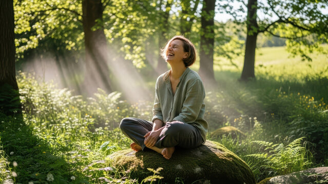 Woman sitting on rock in sunlit forest with arms raised, smiling