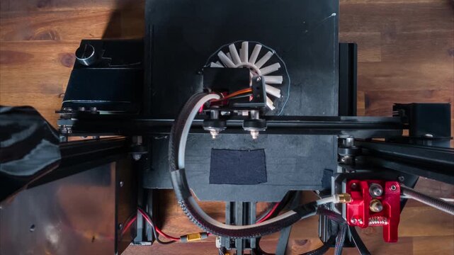 Timelapse of modern 3D printer works on a plastic prototype in a clean workspace, focusing on the extruder and print bed during the process.
