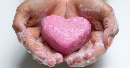 Fototapeta premium The Heart-Shaped Soap Cradled in Soapy Hands Symbolizing Love Care and Cleanliness
