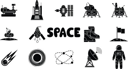 A detailed collection of space exploration icons including a rocket, astronaut, and satellite © Milon Store