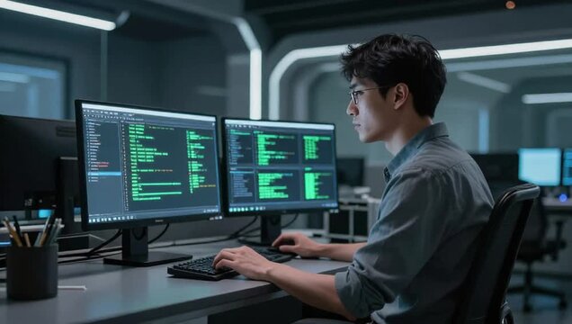 man sitting desk front two computer monitors keyboard mouse hand desk also pens pen stand