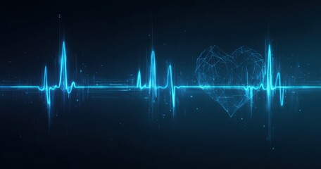 The Heart Electrocardiogram Waveform in Futuristic Blue Digital Wireframe with Pulsing Light
