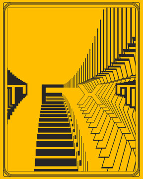 Geometric Optical Illusion Poster Yellow Black Symmetrical Perspective Steps Design