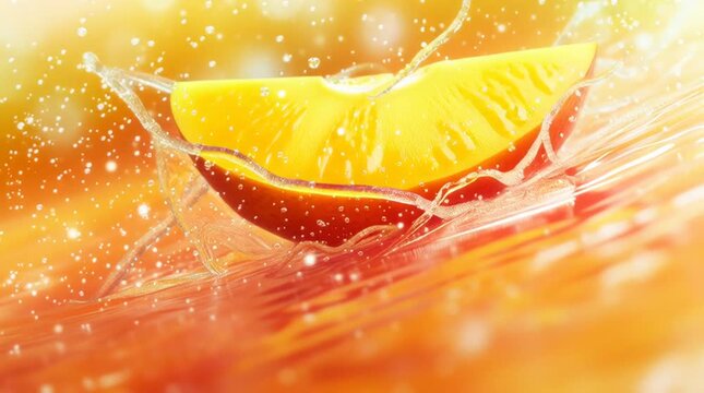Slow motion video of fresh mango slice splashing in juice. Tropical fruit freshness, vibrant colors, refreshing summer food concept.