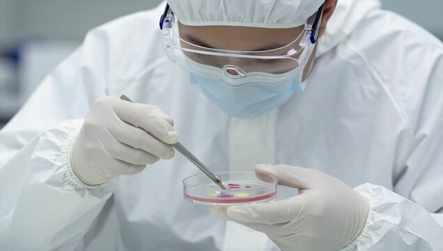 person wearing white lab coat mask gloves holding petri dish pair scissors hand background blurred sugg