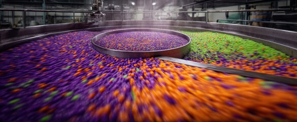The candy production line moving brightly colored coated sweets through an industrial processing plant