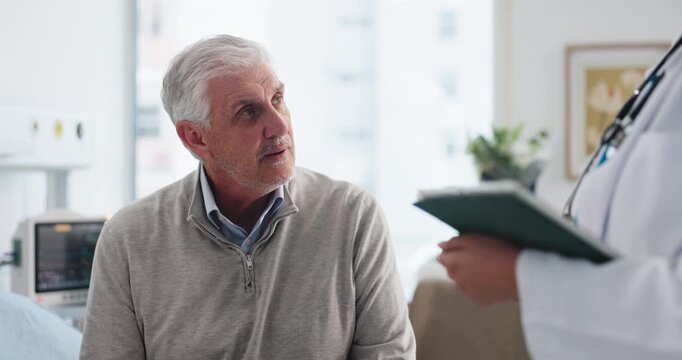 Elderly man, consultation or doctor with tablet on hospital bed for health exam or test results. Senior, male person or patient with medical worker for heart condition, diagnosis or checkup in clinic