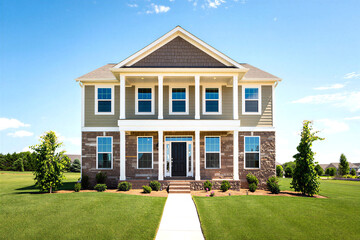 Large twostory house with brick and siding exterior and white trim on a green lawn with trees and blue sky
