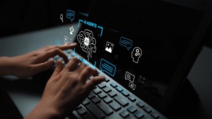 Hands Working on Laptop with Digital Interface Featuring AI Icons and Communication Bubbles in Modern Office Setting Gluon.