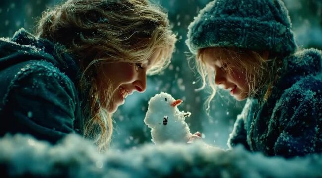 M&atilde;e e Filha Fazendo Boneco de Neve no Inverno, Amor Familiar, Conex&atilde;o Afetiva e Magia da Neve