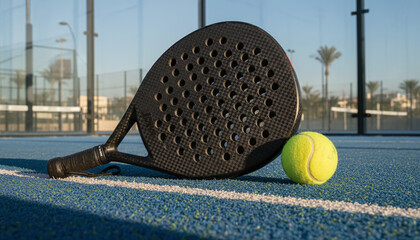 Padel tennis racket and yellow ball on blue artificial turf court