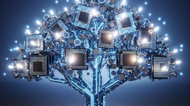 Abstract tree made of computer chips and glowing lights, symbolizing technology.