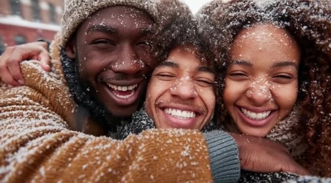 Amigos Felizes e Alegres se Divertindo na Neve, Amizade Verdadeira, Alegria Coletiva e Inverno Encantado
