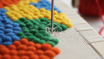 Tufting gun needle inserting colorful yarn into cloth for rug making