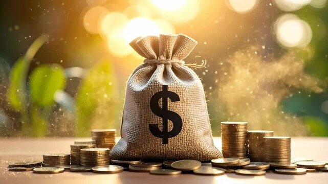 Burlap sack filled with gold coins, symbolizing wealth, savings, and financial success.
