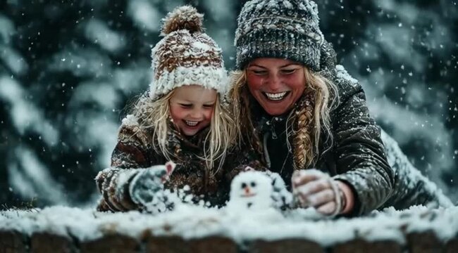M&atilde;e e Filha Fazendo Boneco de Neve no Inverno, Amor Familiar, Conex&atilde;o Afetiva e Magia da Neve