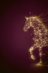 Golden horse silhouette formed by sparkling particles on dark purple background, Chinese new year concept.