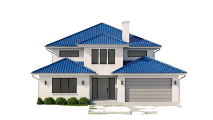 Modern White House with Blue Tile Roof and Attached Garage