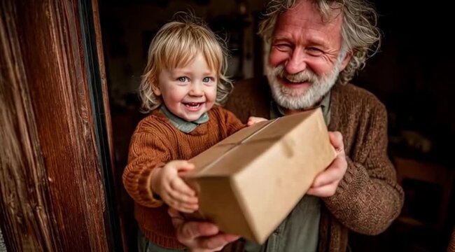 Av&ocirc; e Neta Felizes Segurando uma Caixa, Conex&atilde;o Familiar, Amor Entre Gera&ccedil;&otilde;es e Alegria Compartilhada