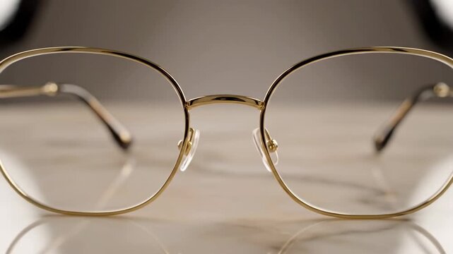 Close up of eyeglasses with gold frames and clear lenses