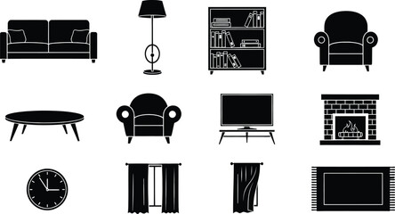 A collection of black silhouette icons representing various items of living room furniture © Milon Store