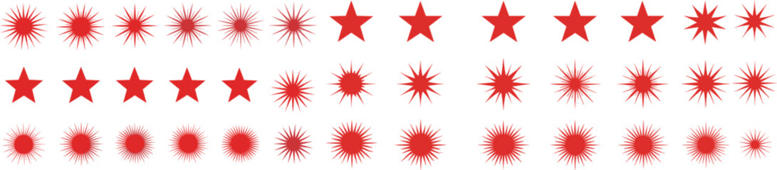 Red star and sunburst badge icon set. Flat vector collection for rating labels, award seals, sale stickers, promotion tags and marketing design.