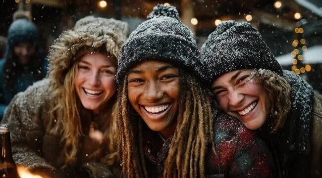 Amigos Felizes e Alegres se Divertindo na Neve, Amizade Verdadeira, Alegria Coletiva e Inverno Encantado