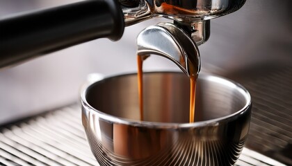 Close Up Shot Of Dual Spout Espresso Pour Into Stainless Cup