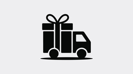 A minimalist black and white icon representing a delivery truck carrying a gift, symbolizing logistics and shipping services