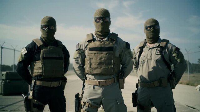 Government federal agents and soldiers standing together as a team in unity in uniforms with street landscape background during a bright sunny day