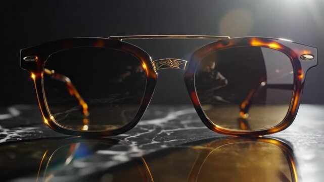 Close up of stylish eyeglasses with tortoiseshell frames and reflective lenses
