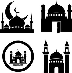 Black Islamic Mosque Silhouette Icons with Domes, Minarets, and Crescent Moon for Eid Mubarak and Ramadan Design Projects