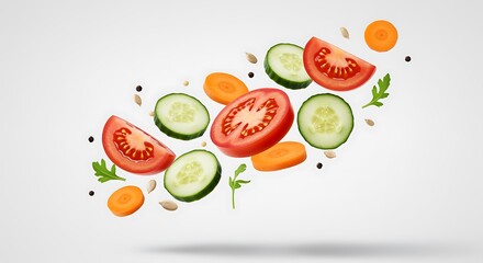 Naklejka premium Floating Vegetables Healthy Salad Ingredients