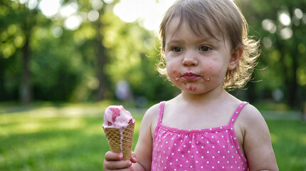 A cute girl eating ice cream.
