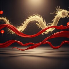 Golden Dragon on Red Background, Majestic Chinese Mythical Design, Traditional Oriental Art, Festive and Elegant Asian Symbol
