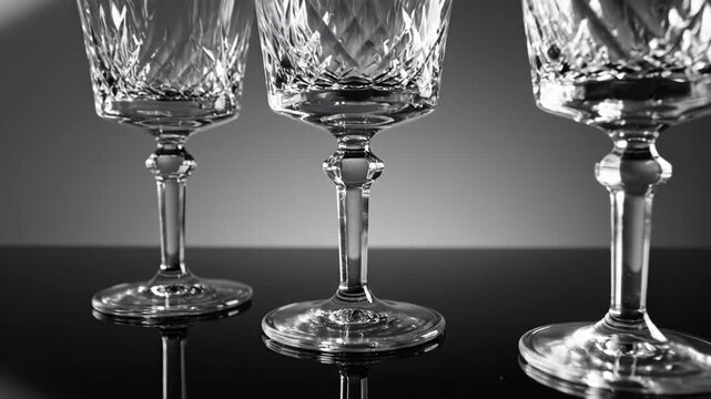 Elegant glassware trio in monochrome crystal goblets on reflective surface