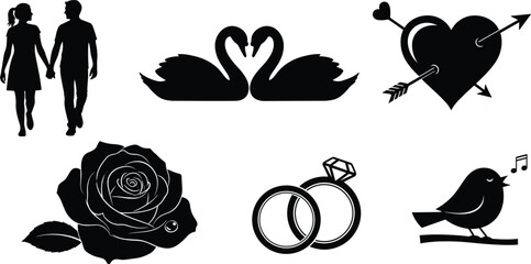 Romantic love silhouettes, couple walking, swan heart shape, heart with arrows, rose flower, wedding rings, singing bird, Valentine's clipart © Habiba