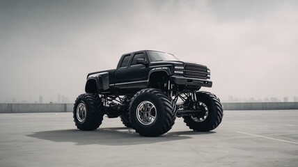 Shiny black monster truck on a flat concrete surface with massive tires, reflective bodywork, lifted chassis, chrome accents, and minimal industrial background