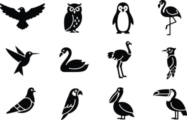 Obraz premium A collection of various bird species silhouettes and icons on a white background