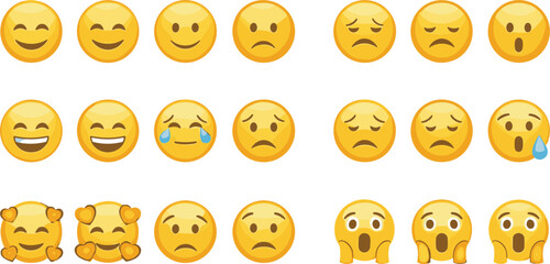 Naklejka premium Emoji Face Expression Vector Set Showing Happy Sad Crying Shocked and Funny Emotions in Flat Style