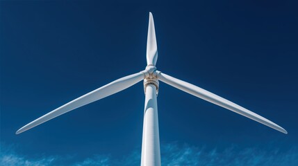Low angle close-up view of isolated white wind turbine tower and three blades against clear deep blue sky