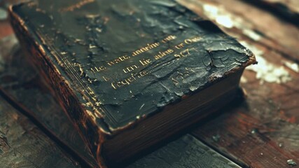 Footage A worn-out book resting on a wooden table, ideal for use in educational or literary settings