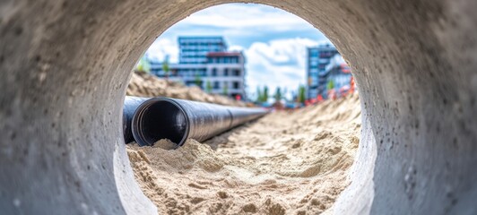 Fototapeta premium The Pipe Framed by Concrete Tunnel Over Sand at Urban Construction Site