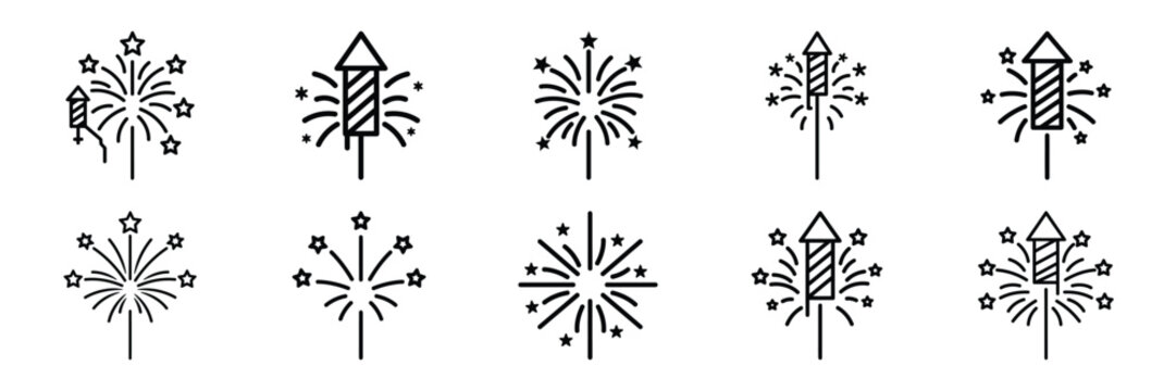 Minimalist holiday fireworks icon pack outline version. Holiday vector design illustration