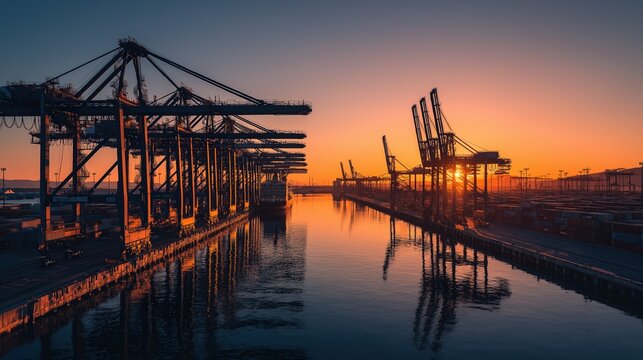 Towering container port gantry cranes lined along a cargo terminal at sunrise with colorful shipping containers and calm water reflecting the vibrant sky