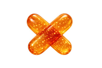 Glittering orange capsules forming cross symbol for essential health, innovative medication, and effective treatment concepts