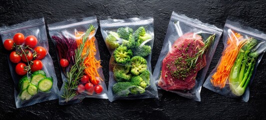 The Vacuum-Sealed Bags of Fresh Vegetables and Raw Steak on Dark Slate