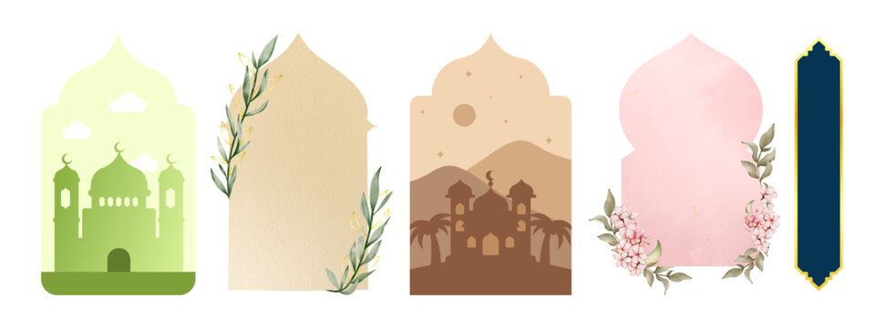 Islamic arch shapes with floral decorations and mosque silhouettes,mosque shapes graphic islam elements. Arab decorative window, muslim architecture ornate beautiful racy vector design
