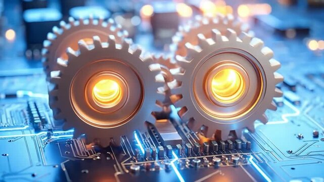 Golden gears interlock on a blue circuit board, symbolizing technology and innovation.