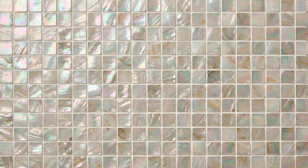 Seamless texture of square mother of pearl mosaic tiles with iridescent pink and white reflections